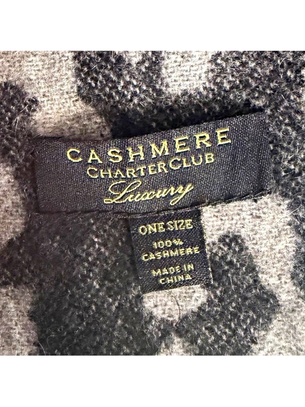 Charter Club Cashmere Knit Animal Print Fringe Rectangle Scarf Gray/Black